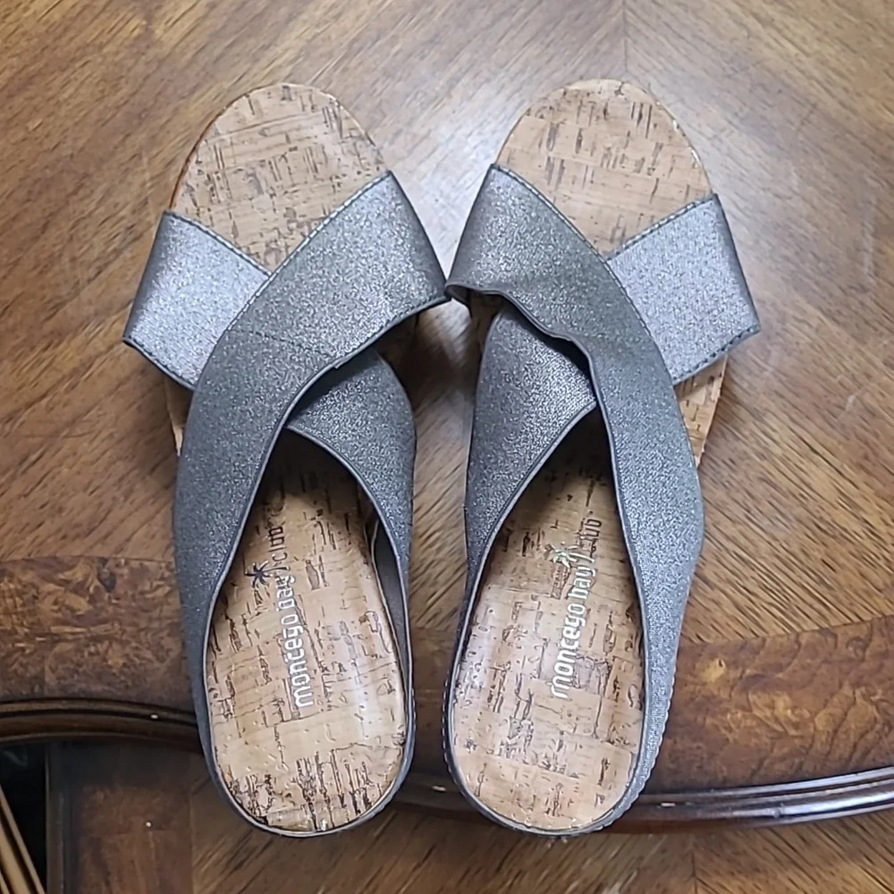 New! Montego Bay Club Womens 9.5 sparkly silver platform cork wedge sandals